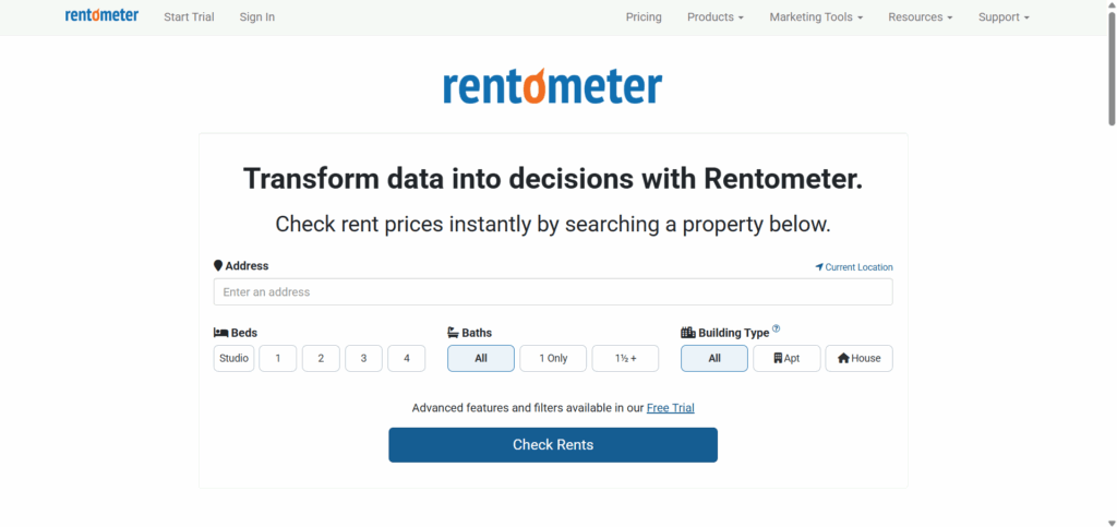 Screenshot of the Rentometer dashboard showing address search, beds, baths, and building type filters for property managers to check rental prices.
