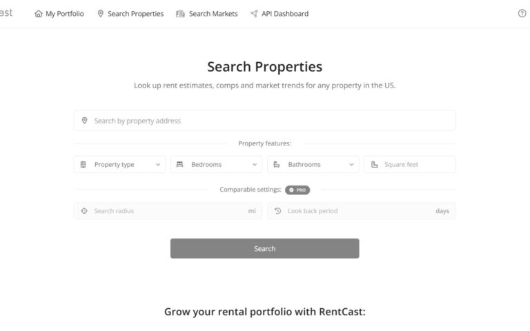 RentCast property search interface with rent estimates and comps.