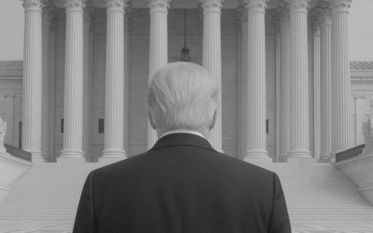 Back view of a man in a suit standing before the U.S. Supreme Court, symbolizing Trump’s HUD accused of weakening Fair Housing Act enforcement.