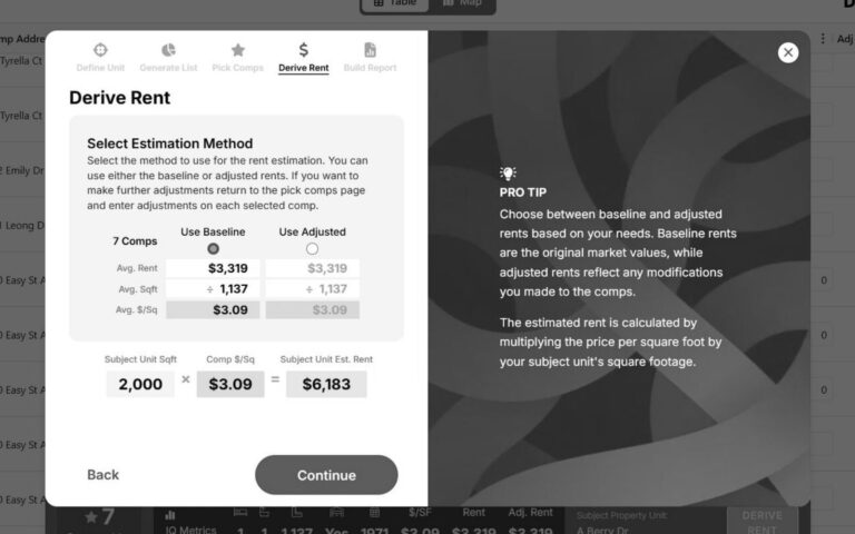 CompIQ rent calculator showing derive rent screen with baseline vs adjusted comps and estimated rent calculation.