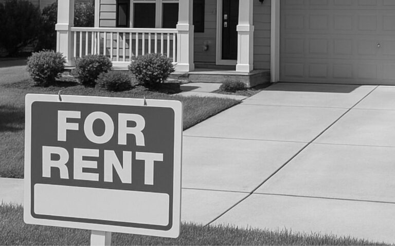 Suburban house with a “For Rent” sign, symbolizing the Zillow and Redfin lawsuit over rental listings.