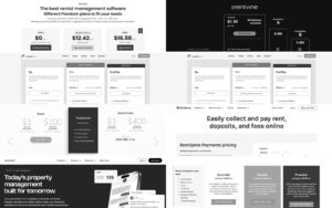 Collage of the best property management tools and softwares, including AppFolio, Buildium, DoorLoop, Yardi Breeze, RentVine, Entrata, and others, showcasing pricing pages and dashboards.