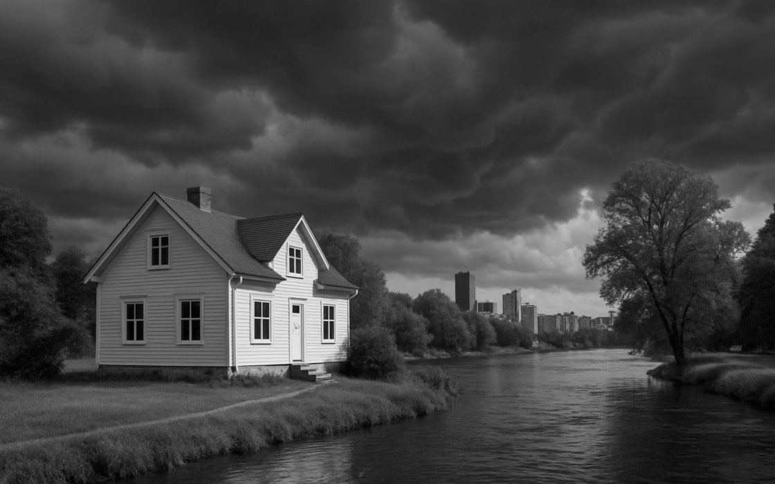 White suburban house by a river under dark storm clouds, symbolising U.S. housing market uncertainty during government shutdown