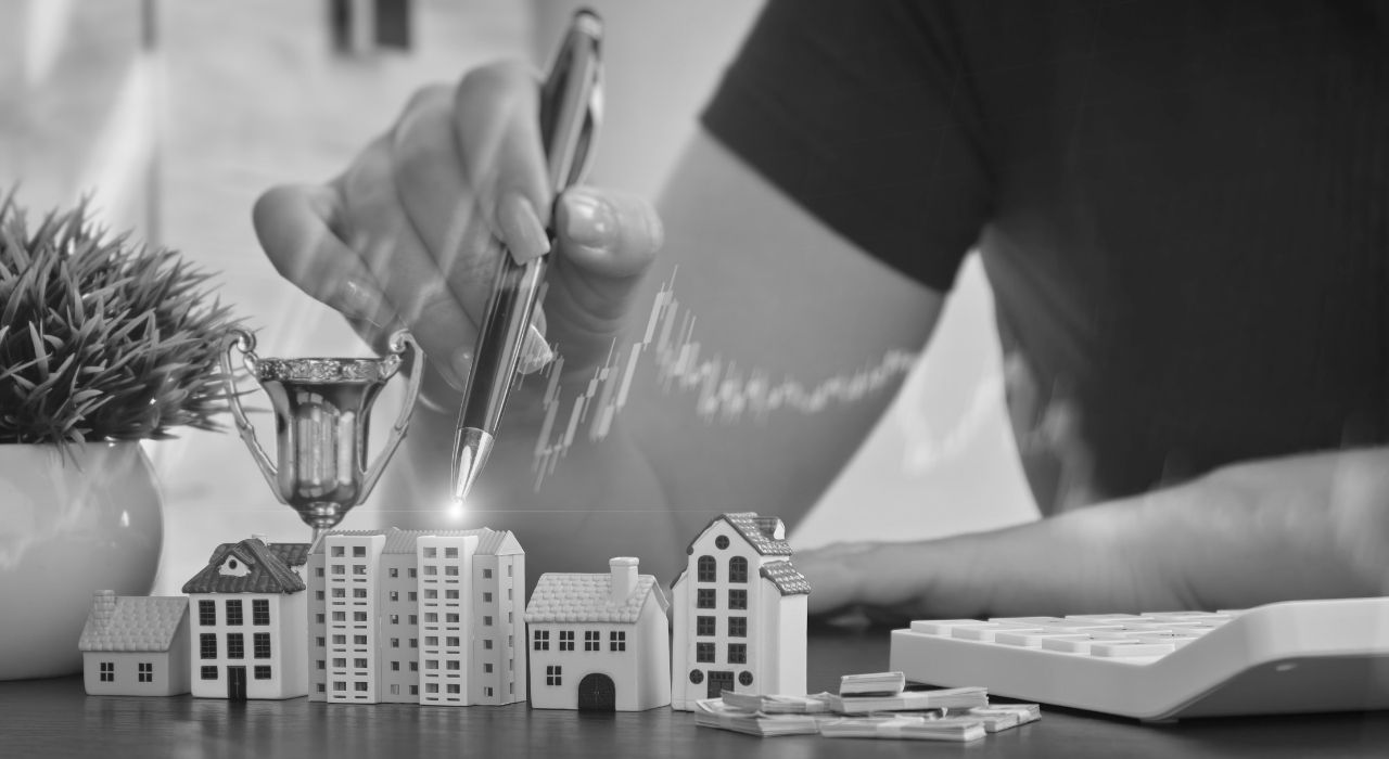 Person analyzing miniature houses and financial data chart, symbolizing data-driven decisions in real estate analytics.