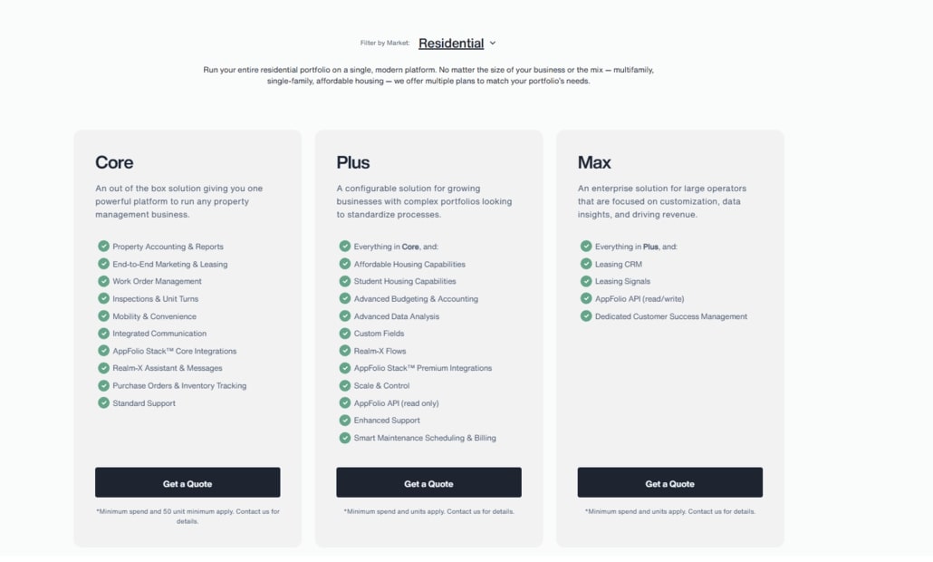 AppFolio Core, Plus, and Max plans for property management