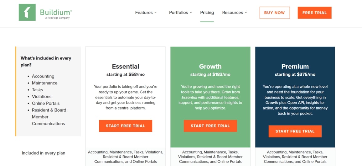 Buildium Essential, Growth, and Premium plans for property managers