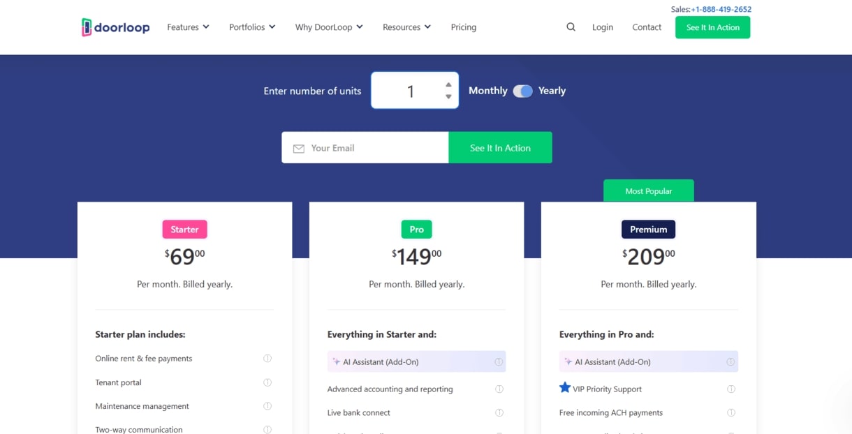 DoorLoop Starter, Pro, and Premium pricing plans for landlords