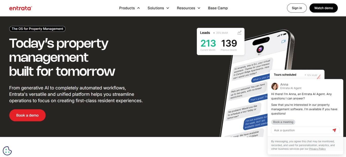 Entrata property management software homepage with AI automation
