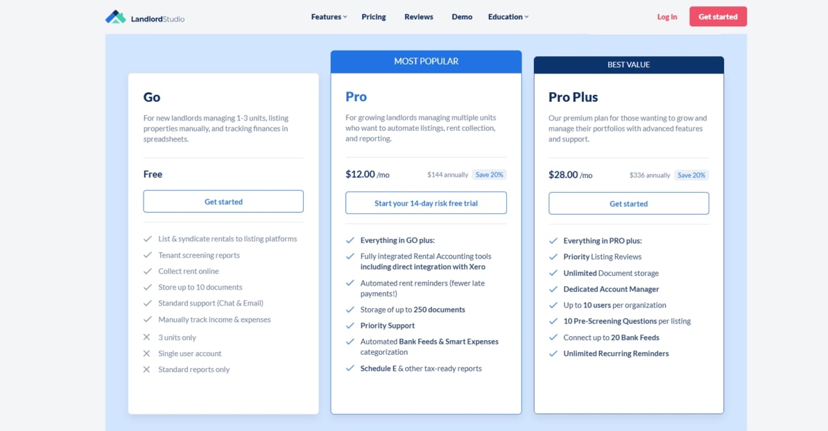 Landlord Studio pricing page with Go, Pro, and Pro Plus plans