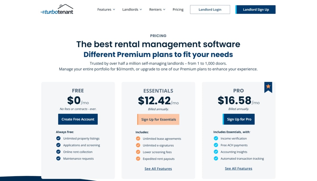 TurboTenant free, Essentials, and Pro plans for landlords
