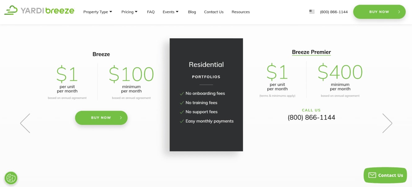 Yardi Breeze pricing plans for property management software