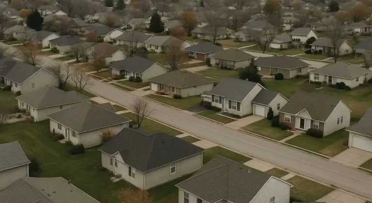 Aerial view of a quiet U.S. suburban neighborhood with single-family homes under muted, overcast light, reflecting a cooling housing market and slower buyer activity.