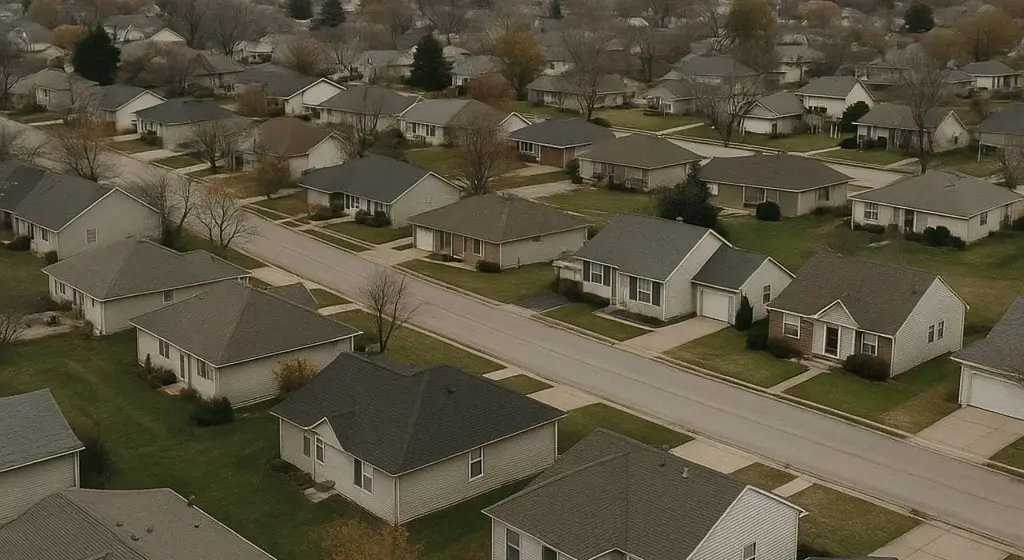 Aerial view of a quiet U.S. suburban neighborhood with single-family homes under muted, overcast light, reflecting a cooling housing market and slower buyer activity.