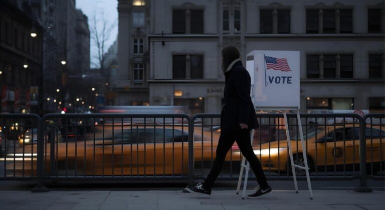 A voter stands at an outdoor voting booth in New York City with taxis passing by and buildings in the background, illustrating the Election Day context for ballot proposals expanding mayoral authority over housing and zoning decisions.