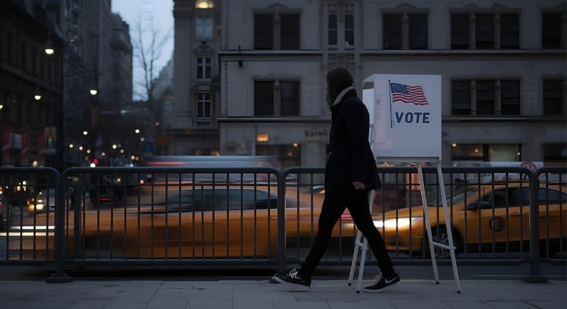 A voter stands at an outdoor voting booth in New York City with taxis passing by and buildings in the background, illustrating the Election Day context for ballot proposals expanding mayoral authority over housing and zoning decisions.
