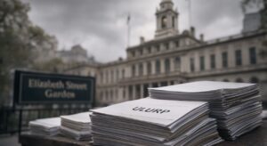 Close-up of tall stacks of paperwork labeled ULURP in the foreground, with New York City Hall and a blurred Elizabeth Street Garden sign in the background on an overcast day.