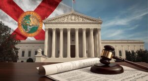 Exterior of a U.S. courthouse with the Florida state flag in the background, a judge’s gavel and legal documents in the foreground, representing a court ruling on Florida’s property ownership law.