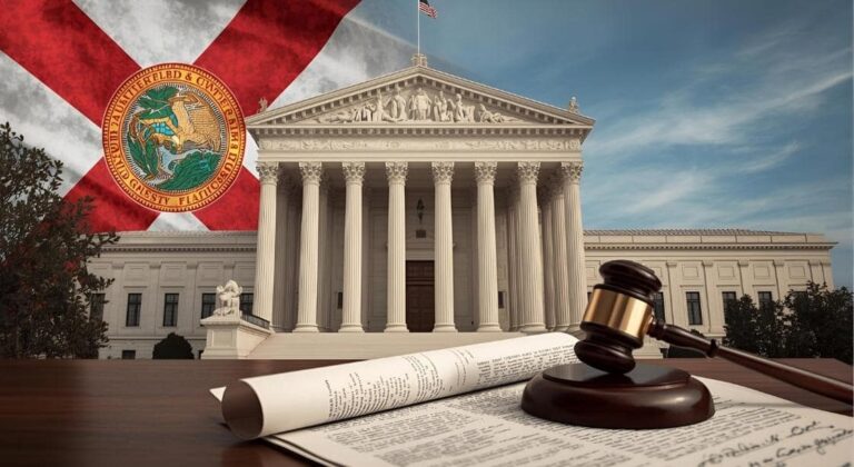 Exterior of a U.S. courthouse with the Florida state flag in the background, a judge’s gavel and legal documents in the foreground, representing a court ruling on Florida’s property ownership law.