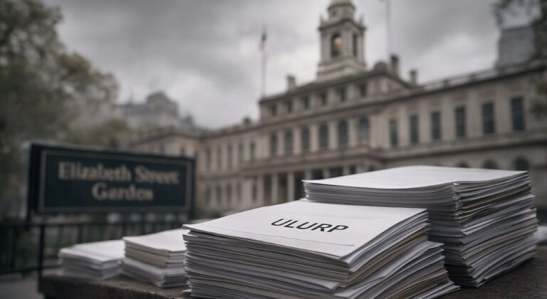 Close-up of tall stacks of paperwork labeled ULURP in the foreground, with New York City Hall and a blurred Elizabeth Street Garden sign in the background on an overcast day.