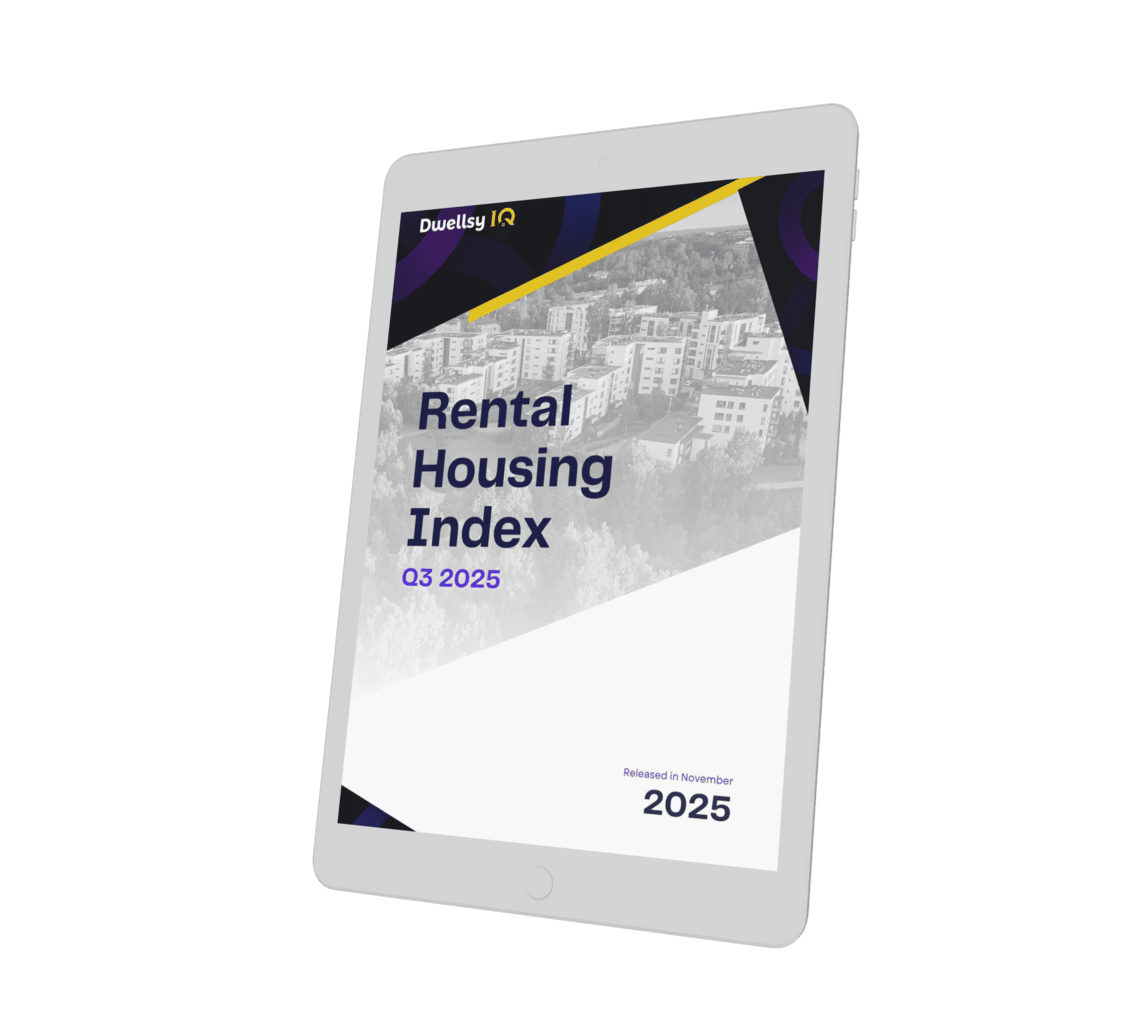 Cover of the Dwellsy IQ Rental Housing Index Q3 2025 report displayed on a tablet, featuring U.S. rental and SFR data insights.