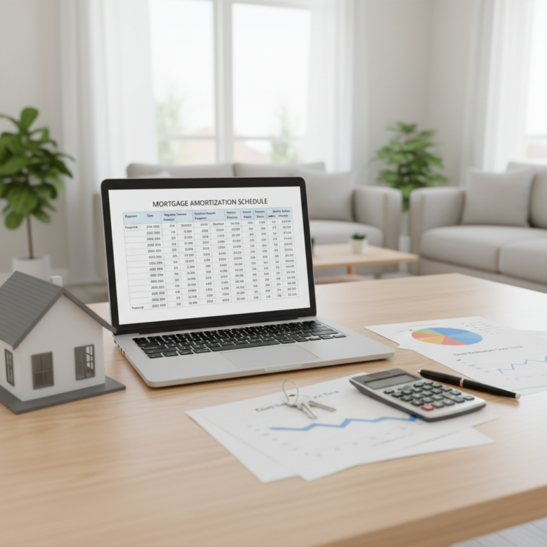 Open laptop on a wooden desk displaying a detailed mortgage amortization schedule, with a calculator, house model, charts, and keys in a bright living room.