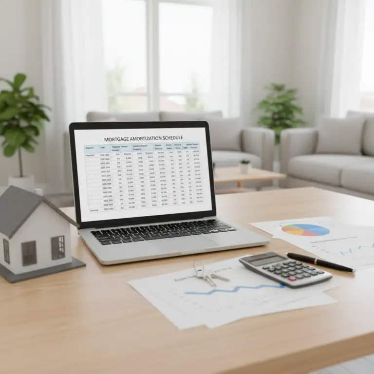 Open laptop on a wooden desk displaying a detailed mortgage amortization schedule, with a calculator, house model, charts, and keys in a bright living room.