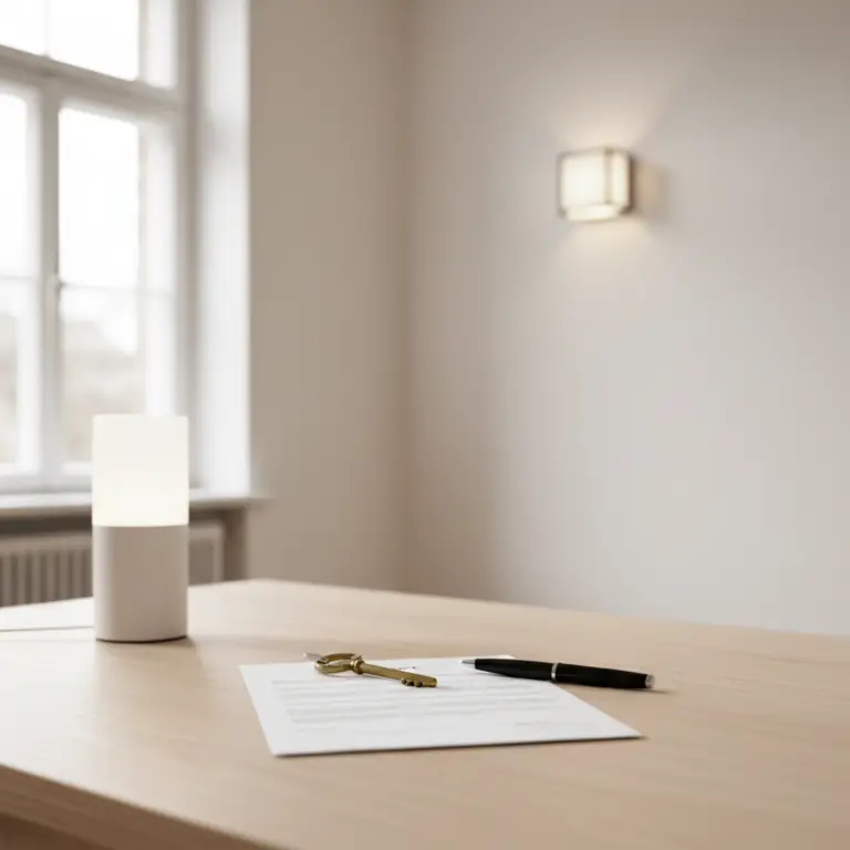 Minimalist interior scene with a wooden table holding a contract, a key, and a pen in soft daylight, illustrating the concept of Chattel.