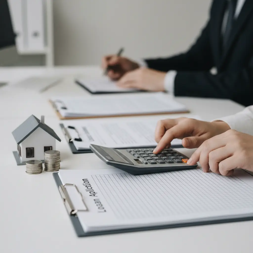 Close-up of a person using a calculator over loan application forms on a desk with a small model house and stacked coins, illustrating financial calculations related to DSCR.