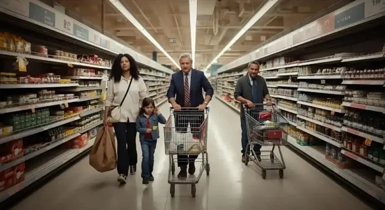 A family and two men shopping in a supermarket aisle, each pushing carts with groceries, illustrating differences in U.S. consumer spending and household economic conditions.