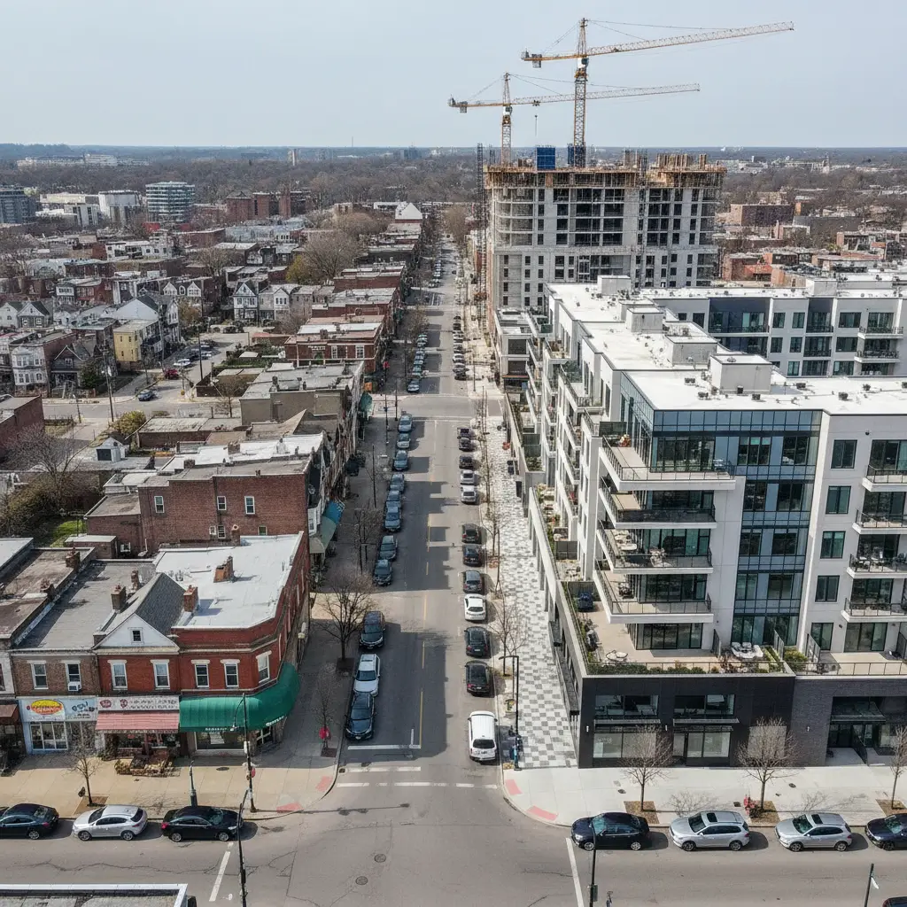 Aerial view of a city street lined with older brick storefronts on one side and new mid-rise apartment buildings with construction cranes on the other, illustrating the Gentrification Index.