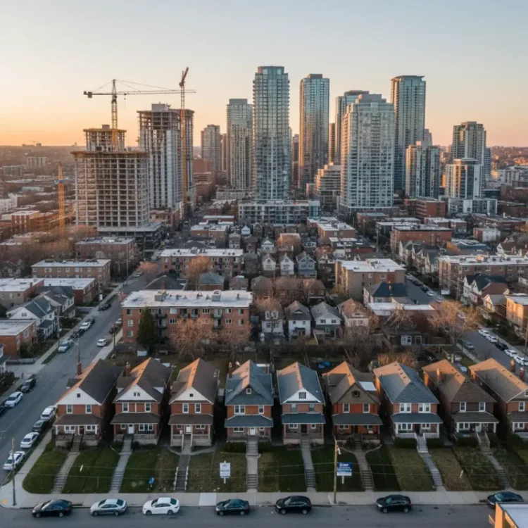 Aerial view of a city neighborhood with a row of brick houses in the foreground, mid-rise residential blocks behind them, and tall modern apartment towers under construction in the distance at sunset, representing Housing Elasticity.