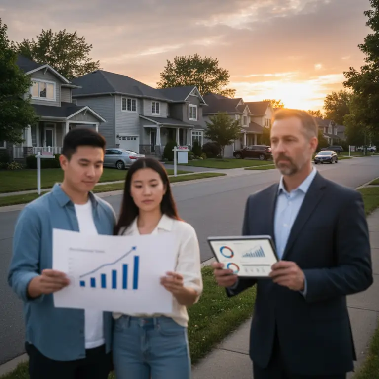 Suburban street with three modern houses, a couple speaking with an agent on the sidewalk, another person reviewing documents, and a foreground table with charts, keys, and a tablet displaying property listings, illustrating the Housing market.