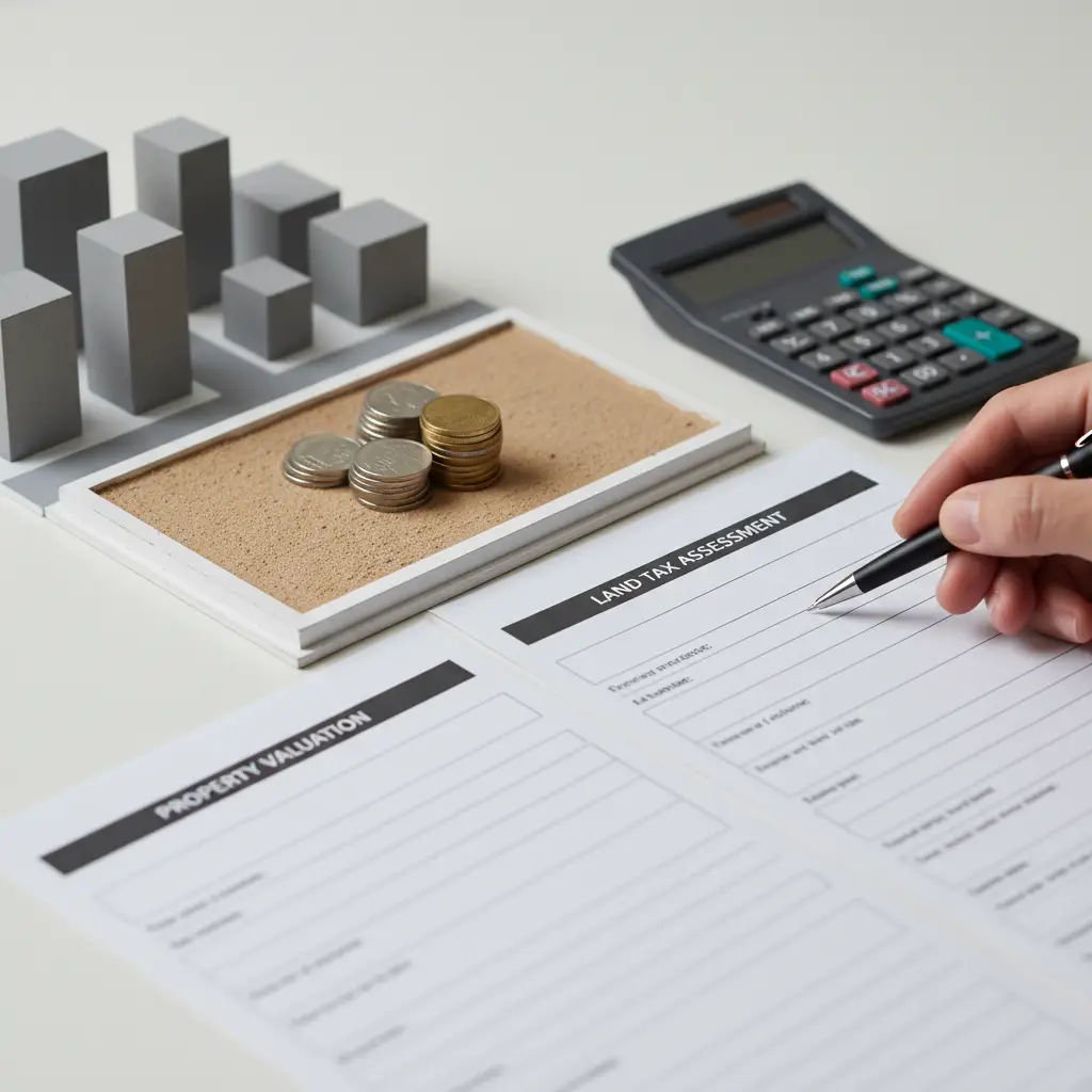 Desk scene showing property valuation and land tax assessment forms, coins stacked on a model plot of land, a calculator, and a hand holding a pen, illustrating Land Value Tax documentation work.