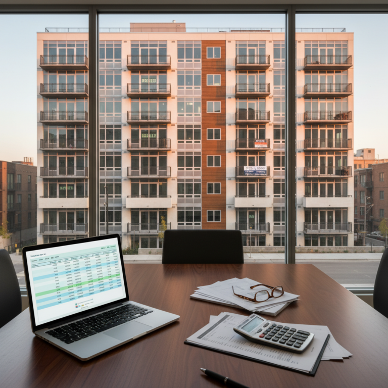 Laptop with a financial spreadsheet, calculator, papers, and glasses on a conference table in front of large windows overlooking an apartment building, representing NOI.