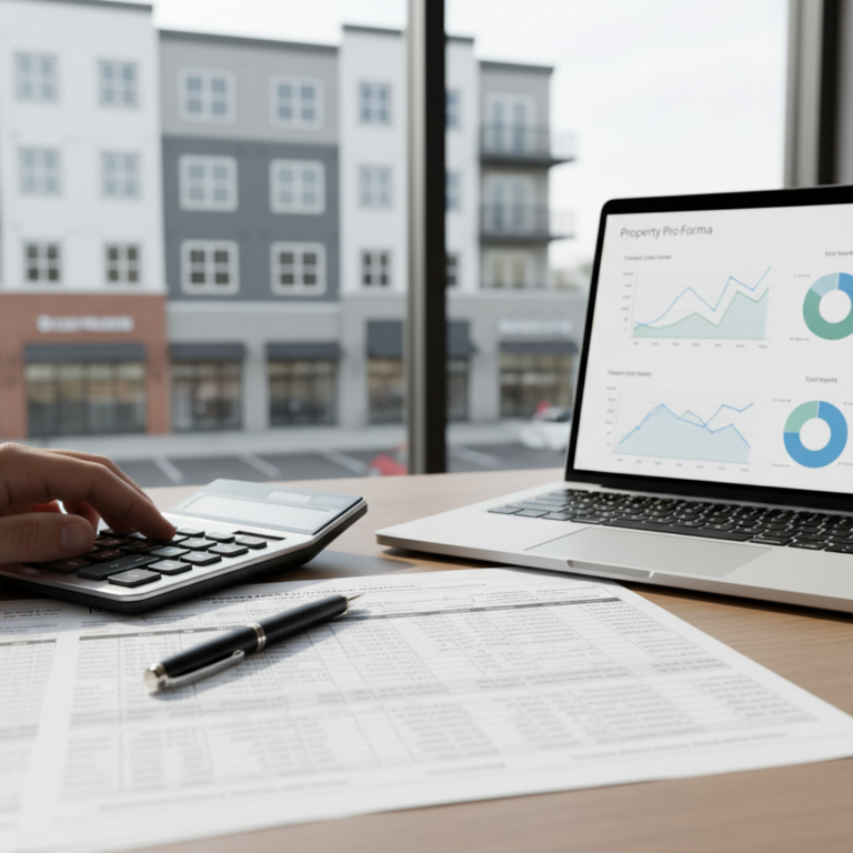 Person working on financial spreadsheets with a calculator beside a laptop displaying charts labeled Pro Forma in front of an apartment building view.
