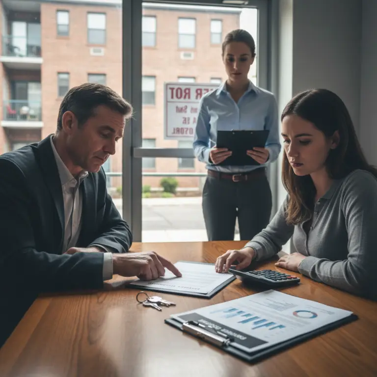 Three people sit and stand around a table with documents, charts, a calculator, and a set of keys as they review paperwork related to Rent Stabilization.