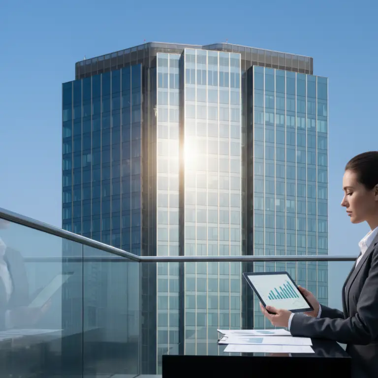 Businesswoman in a suit sitting on a balcony with a tablet showing charts in front of a tall glass office building under a clear blue sky, related to SPE.