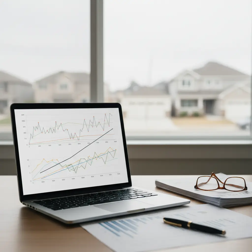 Open laptop displaying line graphs on a desk with papers, a pen, and glasses in front of a window overlooking a suburban neighborhood, illustrating data related to Seasonal Adjustment.