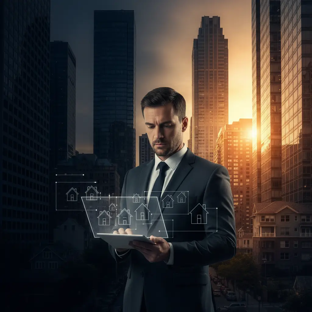 A man in a suit stands in a city street at sunset, using a tablet that projects holographic house icons, representing the Shadow Market.