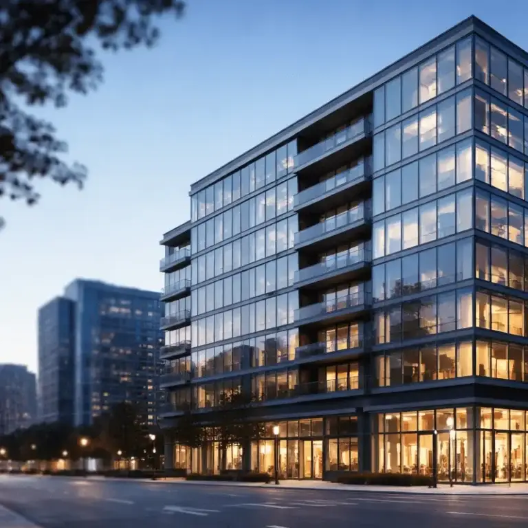 Minimalist glass-and-steel mixed-use building in a downtown submarket during blue hour.