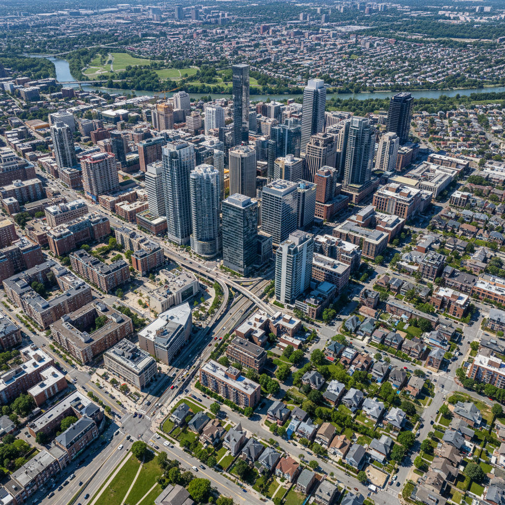 Aerial view of a dense urban Submarket with high-rise buildings in the center surrounded by lower residential neighborhoods and roads