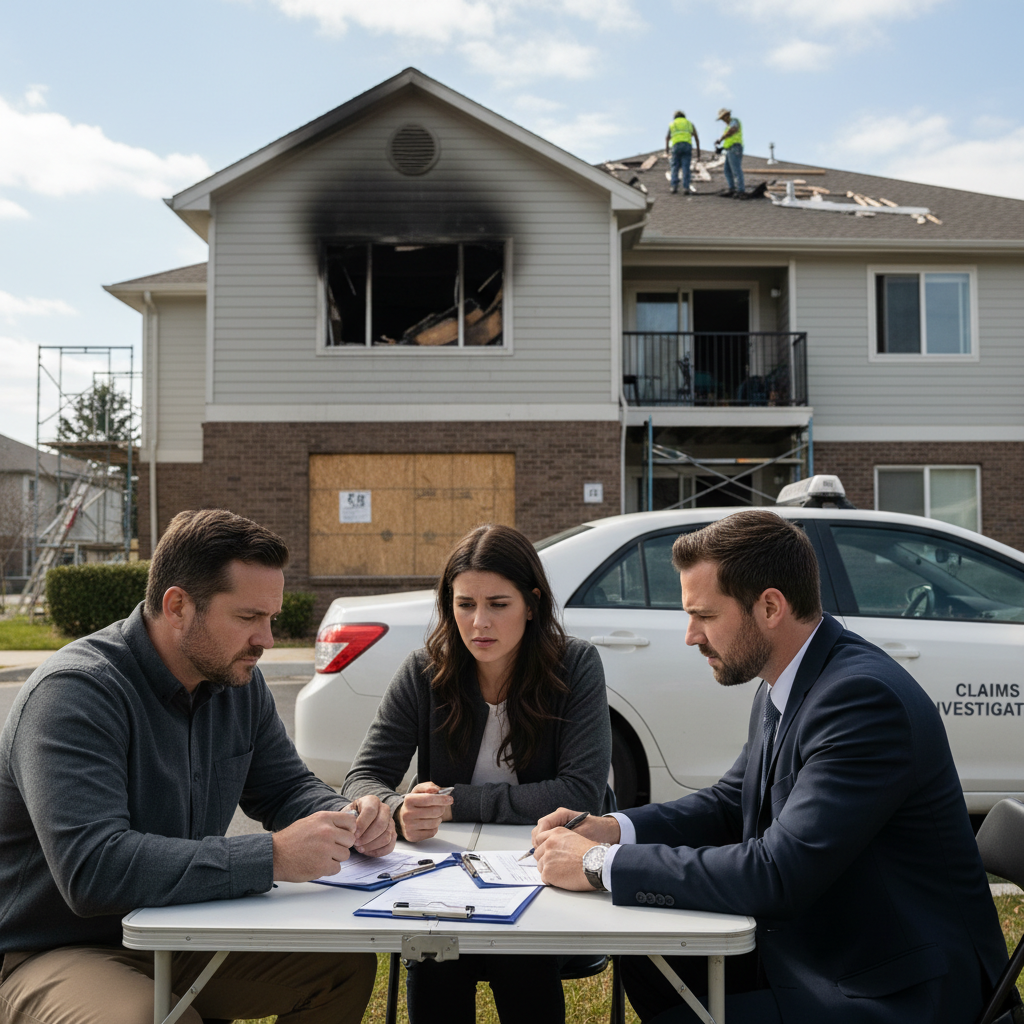 Three people sit at a table reviewing documents in front of a fire-damaged house with repair workers on the roof, illustrating Subrogation.