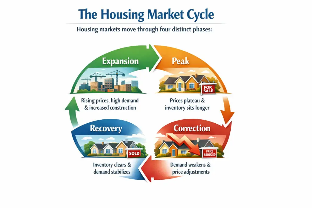 Circular infographic illustrating the housing market cycle with four stages: Expansion (rising prices, strong demand, increased construction), Peak (prices plateau and homes stay on the market longer), Correction (weaker demand and price reductions), and Recovery (inventory clears and demand stabilizes).