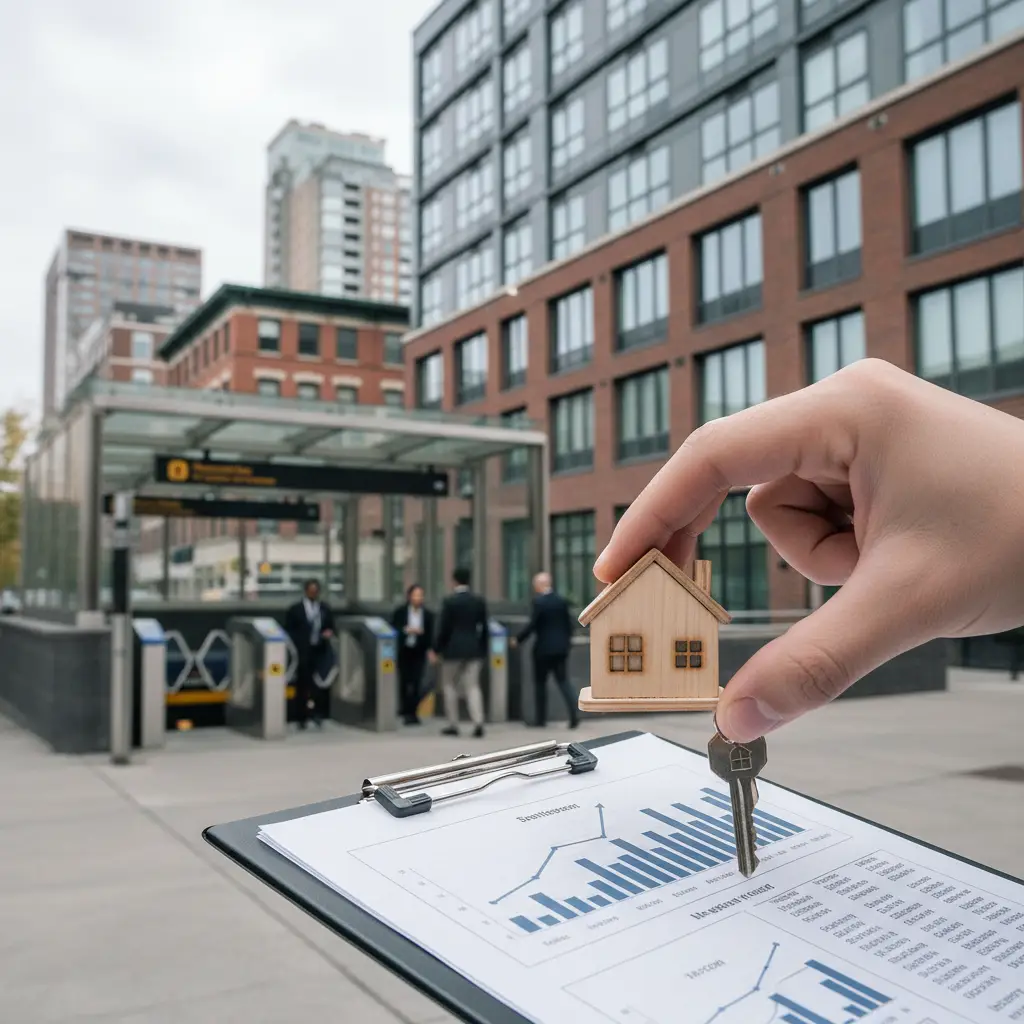 Hand holding a small wooden house and key above a clipboard with charts in front of a city transit station, illustrating the concept of Transit Premium.