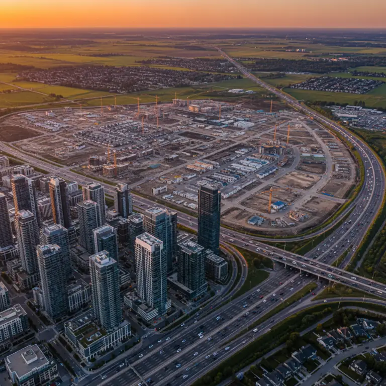 Aerial view of high-rise apartment towers beside a busy multi-lane highway and a large construction site for new housing developments at sunset, illustrating Urban Sprawl.