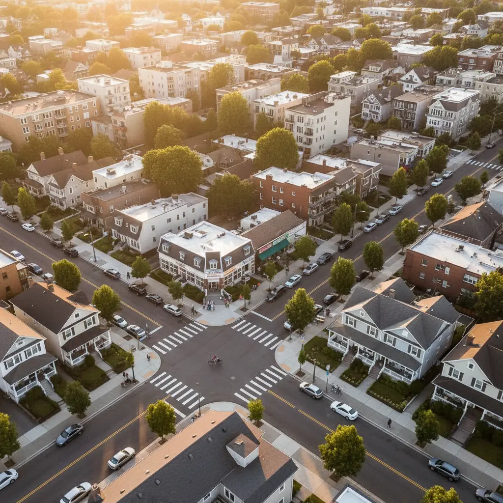 Aerial view of a tree-lined neighborhood intersection with crosswalks, sidewalks, and people walking, illustrating Walkability Score.