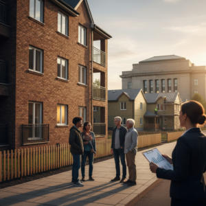 Group of people standing outside newly built brick apartment buildings and townhomes in an affordable housing community, with a professional holding a clipboard in the foreground.