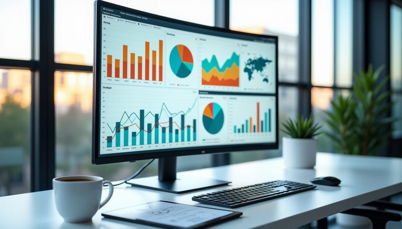 Modern analytics dashboard displayed on a desktop monitor with bar charts, line graphs, pie charts, and a world map, illustrating best data visualization in a professional workspace.