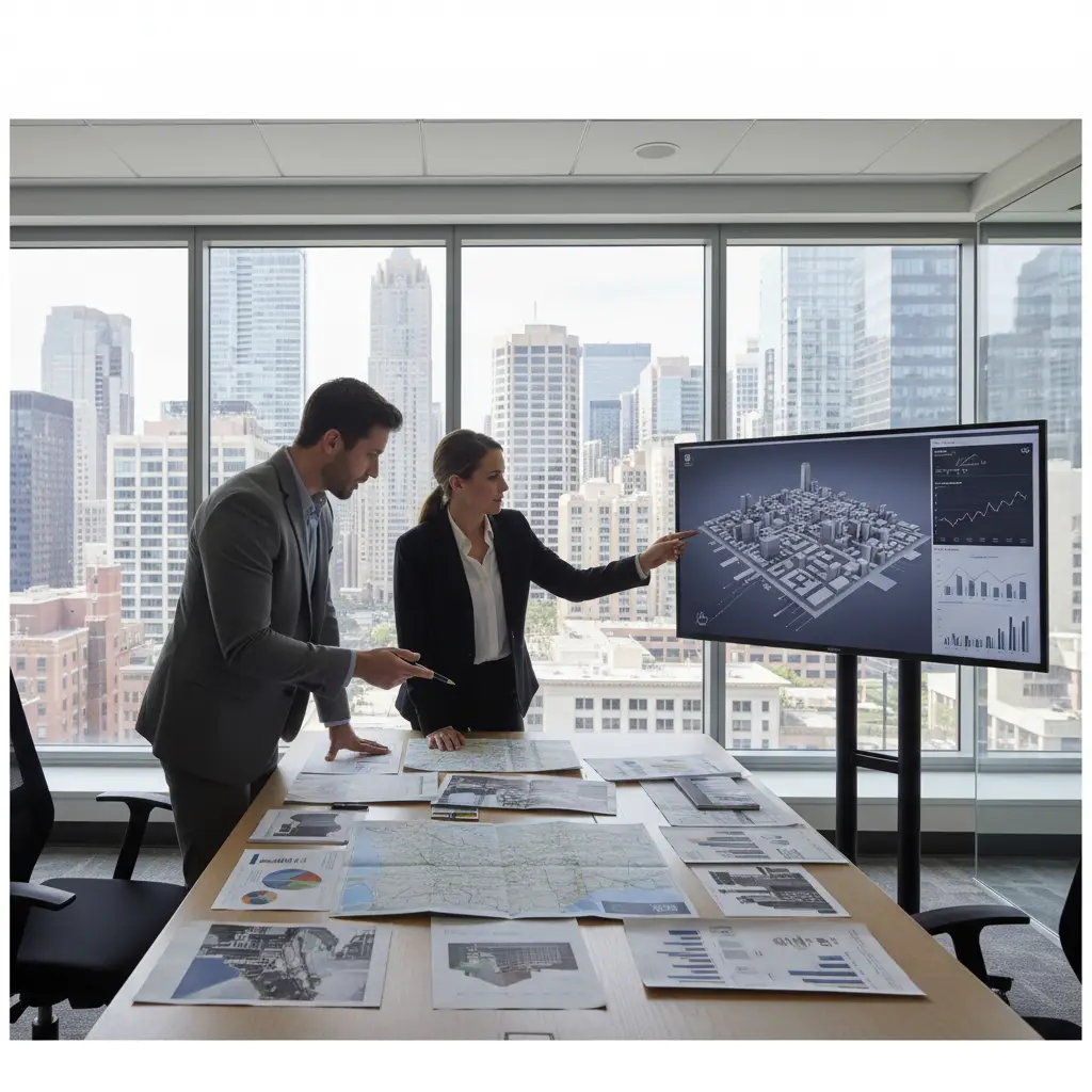 Two commercial real estate professionals review CoStar market data and 3D city analytics on a large screen in a modern office with skyline views.