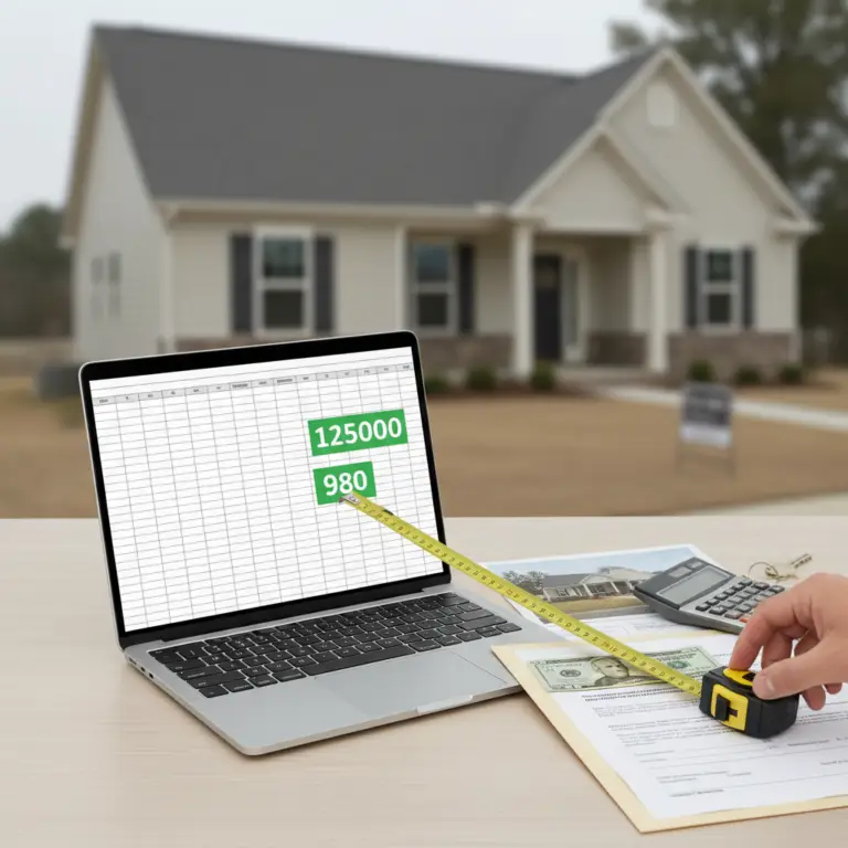 A person measures figures on a laptop screen displaying a spreadsheet with highlighted numbers 125000 and 980 using a tape measure, with a house, calculator, documents, cash, and keys on the desk, illustrating the 1% Rule.